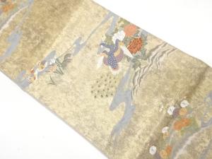 引箔　鴛鴦に孔雀・流水模様織り出し　袋帯